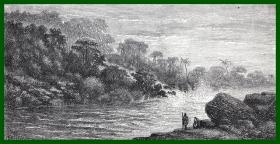 19世纪木刻版画《风景画：亚马逊河流域风光》（Riviere et rapides de Saniriato）-- 后附卡纸30*21厘米，版画纸张17*9厘米