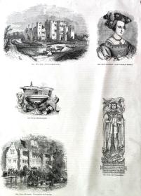 1845年木刻版画《英国中世纪建筑景观：海韦尔城堡，英国肯特郡》（Hever Castle）-- 韦尔城堡建于公元13世纪，是亨利八世第二任妻子安妮·博林的居所 -- 选自《老英格兰12》-- 版画纸张35*25厘米