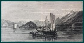 19世纪木刻版画--两幅合拍《风景画：日本海岸》（The population on the Beach；A View on the Inland Sea，Japan）-- 后附卡纸30*21厘米，每幅版画约为17*13厘米