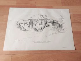 1882年雕刻版画《风景画：科尔坡山谷中的小镇卡瓦，意大利那不勒斯郊外》（LE MURS DE CORPO DI CAVA）-- 出自法国画家，Théodore Claude Félix Caruelle d' Aligny（1798–1871）的绘画作品 --《法国艺术精选》-- 版画纸张43*30厘米