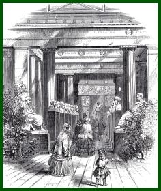 19世纪木刻版画《1851年伦敦世博会主展馆：伦敦水晶宫--古希腊艺术馆》（APPROACH TO THE GREEK COURT）-- 后附卡纸30*21厘米，版画纸张15*12厘米
