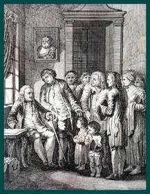 1772年铜版蚀刻版画《天伦之乐：孩子的礼物》（Grandpa's birthday）-- 出自18世纪苏黎世著名诗人、画家和版画家，所罗门·格斯纳（Salomon Gessner，1730–1788）的“田园诗”系列版画 -- 版画纸张43*27厘米