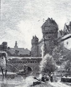 1882年雕刻版画《风景画：比耶夫尔河畔的富热尔城堡》（LE VIEUX CHATEAU DE FOUGERES） -- 这座小城堡建于15世纪下半叶至16世纪初，城堡入口宏伟，入口处碉堡间的护墙上建有突堞，城堡还建有巡逻道和主塔。无论是从建筑材料的选择还是建筑工艺的角度上看，富热尔城堡都完美体现了当地的建筑艺术 -- 后附卡纸30*21厘米，版画纸张17*13.5厘米