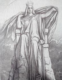 1879年铜版蚀刻版画《少女峰之巅：阿尔卑斯山皇后的冰雪王座》（Die Jungfrau）-- 出自19世纪著名奥地利浪漫主义画家，莫里兹·冯·施温德（Moritz Von Schwind）作于1863年的油画，藏于巴伐利亚国家绘画陈列馆 -- 少女峰名字来自当地流传的故事，因山上经常有云层笼罩，少女“羞涩”不愿见人因而得名 -- 后附卡纸30*21厘米，版画纸张20.5*11厘米