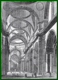 19世纪木刻版画《英国中世纪建筑景观（建筑瑰宝）：伦敦圣保罗大教堂--东侧回廊》（Interior of St Paul's，looking East）-- 圣保罗大教堂是世界五大教堂之一，也是英国最大的教堂；最早建于公元604年，英国著名巴洛克设计大师和建筑家克里斯托弗·雷恩爵士在17世纪末完成这伦敦最伟大的教堂设计与重建 -- 后附卡纸20*21厘米，版画纸张22*16厘米