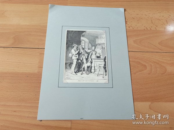 1880年木刻版画《猎人酒馆》（Jagerrecht）-- 出自德国画家，爱德华·冯·格鲁特纳（Eduard Von Grutzner，1846-1925）的绘画作品 -- 维也纳艺术画廊 -- 后附卡纸30*21厘米，版画纸张14*10.5厘米