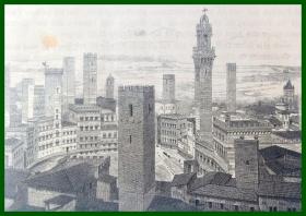 19世纪木刻版画《古典主义建筑瑰宝：锡耶纳田园广场（坎波广场） 》（Die Piazza del Campo in Siena）-- 坎波广场是意大利古城锡耶纳的中世纪广场，坎波广场是全城的中心，所有街道都通向广场，是世界上最美丽的广场之一；锡耶纳的标志便是建在世界上最美丽的坎波广场上，也是世界上最优美的宫殿普布利科宫 -- 后附卡纸30*21厘米，版画纸张14.5*11厘米