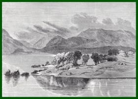 19世纪木刻版画《兰德希尔作品：洛根湖风光》（LOCH LOGGAN）-- 出自英国维多利亚时期著名画家，埃德温·兰德希尔爵士（Edwin Landseer，1802-1873）的绘画作品 -- 后附卡纸30*21厘米，版画纸张19*14.5厘米