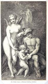 【世界名画】19世纪锌版画《爱神学校：维纳斯与赫尔墨斯教导小爱神》（Die Schule Amors）-- 出自文艺复兴时期意大利画家，柯雷乔（Antonio Correggio，1494-1534）作于1525年的油画，藏于伦敦国家美术馆 -- 取材古罗马神话，描绘神话中司教育的神赫耳墨斯，他和爱神维纳斯共同教育小丘比特 -- 后附卡纸30*21厘米，版画纸张19.5*12厘米