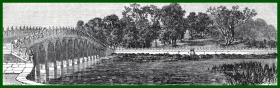 【G506】1864年木刻版画《北京圆明园胜景之：“曲院风荷”九孔石拱桥（传说鲁班下凡帮忙修建）》（Un des ponts du Palais d'ete）-- 曲院风荷是圆明园四十景之一，位于圆明园西侧的九州景区，是清朝皇帝乾隆仿自杭州西湖十景中的同名景观；曲院风荷位于福海西岸同乐园南面，仿照杭州西湖曲院改建，跨池有一座9孔大石桥 -- 后附卡纸30*21厘米，版画17.5*7厘米