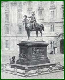19世纪木刻版画《”战神“拉德茨基纪念碑雕塑，维也纳》（Das Radetzky Denkmal in Wien）-- 出自德国雕塑家，祖姆布希（Kaspar Zumbusch）大理石雕塑作品 -- 约翰·约瑟夫·文策尔·拉德茨基·冯·拉德茨（Johann Joseph Wenzel Radetzky von Radetz，1766-1858），奥地利帝国军事将领 -- 版画纸张41*28厘米
