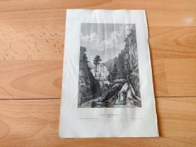 1860年钢版画《风景画：阿尔卑斯山深处的童话小镇，巴特-菲弗斯，瑞士》（BAD PFEFFERS（SCHWEIZ））-- 版画纸张23*15厘米