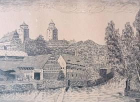 原创老木刻《风景画：穆尔德河河畔的艾林古堡，德国萨克森州》（Eilenburg，Blick auf des Schloss）-- 出自奥地利艺术家，Heinrich Krenes（1874—？）的原创作品 -- 艾林堡（Eilenburg）是位于德国东部，穆尔德河河畔的山区古镇，山顶建有中世纪的艾林古堡 -- 版画纸张35.5*29.5厘米