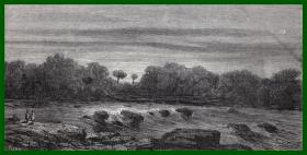 19世纪木刻版画《风景画：亚马逊河流域的曼塔洛瀑布，秘鲁》（Rapides de Mantalo）-- 后附卡纸30*21厘米，版画纸张17*9厘米