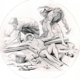 1891年照相凹版版画《受难：被钉十_字架》（AUS SCHWIND'S REICHENHALLER PASSION）-- 出自著名奥地利浪漫主义画家，莫里兹·冯·施温德（Moritz Von Schwind，1804-1871）的绘画作品 -- 奥地利维也纳艺术画廊出版 -- 版画纸张38.5*29厘米