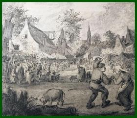 19世纪锌版画《乡村集市》（Dorfjahrmarkt）-- 出自17世纪著名荷兰风俗画家，阿德里安·凡·奥斯塔德（Adriaen van Ostade，1610-1685）的绘画作品 -- 维也纳艺术画廊出版 -- 后附卡纸30*21厘米，版画纸张20.5*18厘米