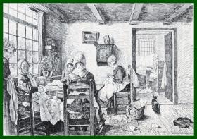 19世纪木刻版画《纺织女工》（Die Naherinnen）-- 出自德国风俗画家，Fritz von Uhde（1848–1911）的绘画作品 -- 后附卡纸30*21厘米，版画纸张19.5*14.5厘米