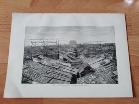 【G1904】】1907年书页图版《广州古城墙及大南门（正南门）城楼》（house-tops and pagoda on wall，native city）--这些屋顶下的街道就是现今的北京路，录得尽头是广州城楼中唯一的三重檐建筑--大南门，照片是从拱北楼向南拍摄的-- 图版纸张尺寸26.5*18.5厘米