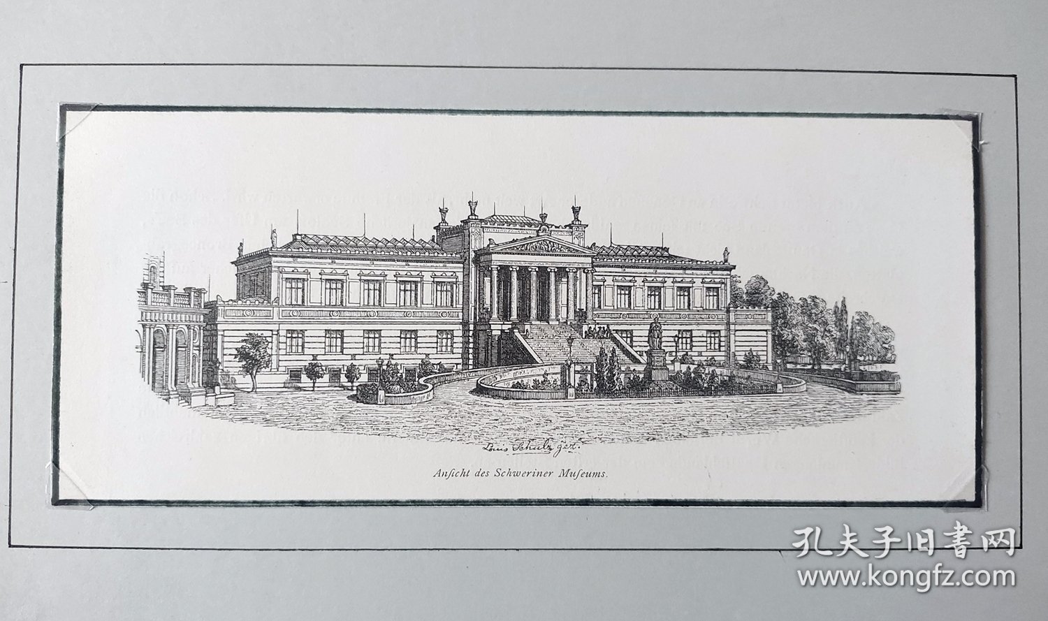 1886年木刻版画《古典建筑艺术瑰宝：什未林国立博物馆，德国前波美拉尼亚州》（Ansicht des Schweriner Museums）-- 什未林国立博物馆位于著名的什未林湖畔，是一座非常漂亮的希腊宫殿式建筑； 什未林国立博物馆是什未林城堡（始建于公元973年）的组成部分 -- 后附卡纸30*21厘米，版画纸张22.5*10厘米