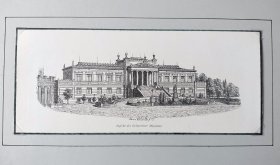 1886年木刻版画《古典建筑艺术瑰宝：什未林国立博物馆，德国前波美拉尼亚州》（Ansicht des Schweriner Museums）-- 什未林国立博物馆位于著名的什未林湖畔，是一座非常漂亮的希腊宫殿式建筑； 什未林国立博物馆是什未林城堡（始建于公元973年）的组成部分 -- 后附卡纸30*21厘米，版画纸张22.5*10厘米