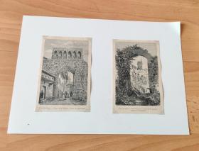 19世纪木刻版画《中世纪建筑艺术：古城圣吉米尼亚诺的圣玛窦拱门与卡斯泰洛拱门》（Porta San-Matteo；Porta del Castello，San Gimignano）-- 圣吉米尼亚诺，是意大利中北部托斯卡纳大区的中世纪小城，以众多的中世纪塔楼闻名 -- 后附卡纸30*21厘米，版画纸张14*9、14*9厘米