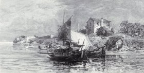 1897年铜版蚀刻版画《风景画：威尼斯潟湖》（LAGUNE BEI VENEDIG）-- 出自雕刻师W.Woernle的原创蚀刻作品 -- 维也纳艺术画廊出版 -- 版画纸张39*29厘米