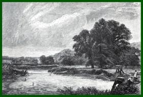 19世纪木刻版画《风景画：泰晤士河畔风景如画的斯特雷特利》（Streatley）-- 出自英国著名风景画家，乔治·维卡特·科尔（George Vicat Cole，1833–1893）的绘画作品 -- 后附卡纸30*21厘米，版画纸张18*13厘米