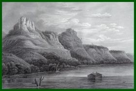 1860年钢版画《风景画：密西西比河畔的“鹰岩”，美国明尼苏达州》（THE EAGLE ROCKS（MISSISSIPPI））-- 鹰岩（Eagle Rock），是一块屹立在美国密西西比河畔的巨大岩石，因长得如同老鹰的爪子而得此名 -- 版画纸张23*15厘米