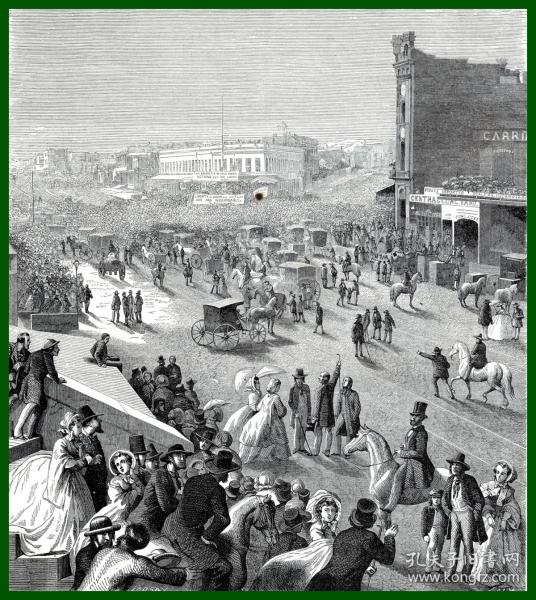 1862年木刻版画《风景画：旧金山城市景观，美国加利福尼亚州》（CALIFORNE-Un meeting a San Francisco）-- 选自《环游世界》-- 版画纸张29*22厘米