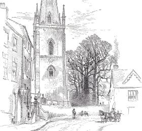 19世纪木刻版画《风景画：玫瑰教堂》（Ross Church）-- 出自英国画家，Thomas Raffles Davison的素描作品 -- 后附卡纸30*21厘米，版画纸张18*12厘米