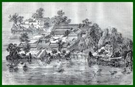 【G501】1864年木刻版画《北京圆明园胜景之：蓬岛瑶台（蓬莱洲）》（Palais d'ete：Le palais des Genies et des Pierres precieuses）-- 蓬岛瑶台是圆明园四十景之一；建于1725年（雍正三年）前后，时称蓬莱洲，乾隆初年定名蓬岛瑶台；在福海中央作方丈、蓬莱、瀛洲大小三岛，岛上建筑为仙山楼阁之状 -- 版画纸张29.5*21厘米