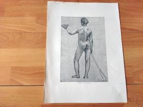 1885年锌版画《大师素描作品：梦境--捕鱼女孩的背影》（Kreidestudie von Puvis de Chavannes）-- 出自19世纪著名法国象征主义画家，法国美术家协会共同创办人与主席，皮埃尔·皮维·德·夏凡纳（Pierre Puvis de Chavannes，1824-1898年）的粉笔画作品 -- 奥地利维也纳艺术画廊出版 -- 版画纸张38.5*29厘米