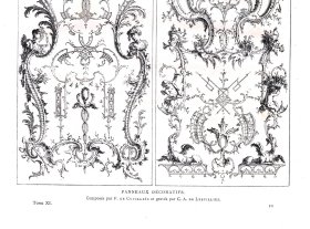 1877年木刻版画《木雕墙饰图案设计》（PANNEAUX DECORATIFS）-- 出自18世纪法国画家、建筑师，Francois de Cuvillies the Elder（1695–1768）的设计作品；雕刻师C.A.DE LESPILLIEZ -- 《法国艺术精选》-- 版画纸张43*30厘米