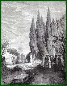 19世纪木刻版画《风景画：马西莫别墅花园，意大利罗马》（DANS LA VILLA MASSIMO）-- 罗马的马西莫家族是欧洲最古老的贵族家族之一，其血统一直追溯到罗马共和国 -- 后附卡纸30*21厘米，版画纸张21.5*16.5厘米