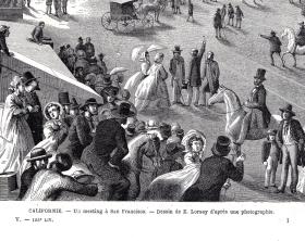 1862年木刻版画《风景画：旧金山城市景观，美国加利福尼亚州》（CALIFORNE-Un meeting a San Francisco）-- 选自《环游世界》-- 版画纸张29*22厘米