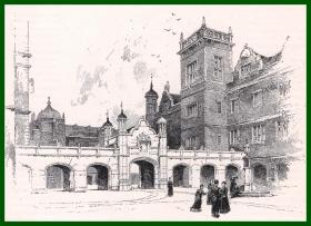 19世纪木刻版画《古典建筑艺术景观：温莎古堡的马蹄回廊与回廊内的圣乔治礼堂》（New Cloister from the Garden，Petworth House）-- 出自英国艺术家，Herbert Railton（1857-1910）的原创蚀刻作品 -- 后附卡纸30*21厘米，版画纸张19*14厘米
