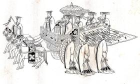 【中国内容版画35】1837年铜版画《龙辇图：古代天子座驾》（Wagen des Kaiser）-- 注：根据中国古代的周礼规定，皇帝（天子）座驾为六匹马拉的两轮马车，即著名的“天子驾六”；在中国两千多年的历史长河中，天子驾六还是驾四长期存在争议，从汉朝以来在学术界就争论不休 -- 本版画因其所处年代，采纳了“天子驾四”的说法，“天子驾六”直到21世纪初才被考古界证实 -- 版画纸张21*13厘米