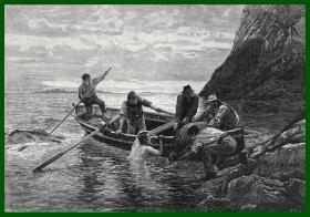 19世纪木刻版画《风景画：爱尔兰海岸的“海豹潜水员”》（The Seal Diver：Co Mayo）-- 出自英国风景画家，William Henry Bartlett（1809-1854）油画作品 -- 梅奥郡（County Mayo，意思是“长浆果紫杉的平原”），是爱尔兰的面积第三大的郡，位于爱尔兰岛西北海岸 -- 后附卡纸30*21厘米，版画纸张18.5*13厘米