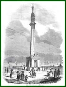 19世纪木刻版画《风景画：雅茅斯栈码头的纳尔逊纪念碑，英国怀特岛》（Nelson's Monument at Yarmouth）-- 霍雷肖·纳尔逊（Horatio Nelson，1758年9月29日－1805年10月21日），英国风帆战列舰时代海军将领及军事家 -- 后附卡纸20*21厘米，版画纸张21.5*16.5厘米