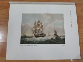 【G2478】1924年彩色书页图版P435《起航的东印度公司武装三桅帆船H.C.S. 麦奎恩号，1832,1.26》（H.C.S.macqueen 1832）---摘自1924年的《中国通商图》一书-- 图版纸张30*24厘米