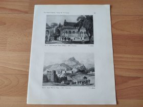 【G2488】1924年书页图版反正面4幅P467《中国北京圆明园正大光明殿，中国万里长城，郎世宁绘平定回部献俘图，郎世宁绘平定准部回部得胜图 之和落霍澌之捷图》（yuen-min yuen palace，1841）--早期西方铜版画中的中国--摘自1924年《中国通商图》一书， 图版纸张30*24厘米