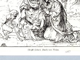 1887年珂罗版版画《在马厩诞生》（Christi Geburt）-- 出自文艺复兴意大利画家，西方油画之父，提香·韦切利奥（Tiziano Vecellio，约1488-1576）的绘画作品 -- 后附卡纸30*21厘米，版画纸张19*15厘米
