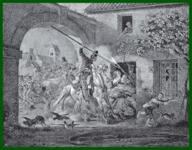 19世纪锌版画《哥萨克骑兵的突袭》（Kosaken-Ueberfall）-- 出自德国画家，Peter Heinrich Lambert von Hess（1792–1871）的绘画作品 -- 后附卡纸30*21厘米，版画纸张20*16厘米