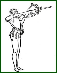 19世纪木刻版画《木刻发展历程（文艺复兴时期的木刻艺术）：中世纪的射击比赛》（WOOD ENGRAVING：A man shooting from a cross-bow）-- 出自文艺复兴时期（1472年）的古籍木刻 -- 后附卡纸30*21厘米，版画纸张11*9、12*8厘米