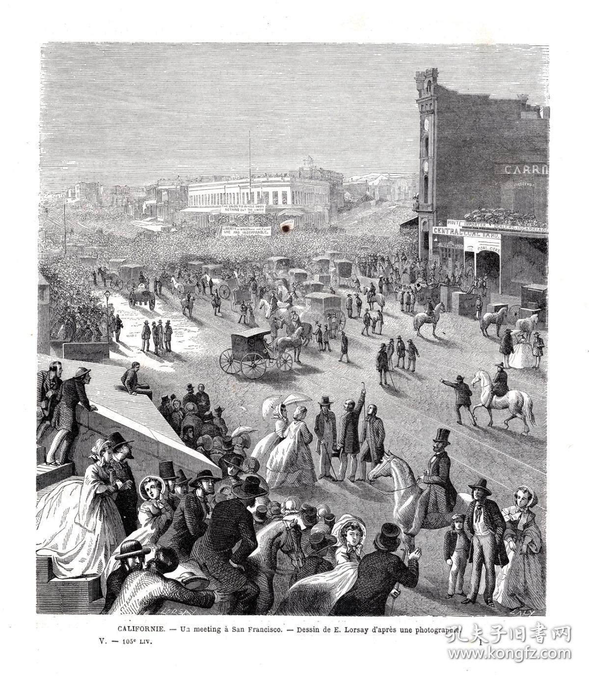 1862年木刻版画《风景画：旧金山城市景观，美国加利福尼亚州》（CALIFORNE-Un meeting a San Francisco）-- 选自《环游世界》-- 版画纸张29*22厘米