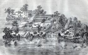 【G501】1864年木刻版画《北京圆明园胜景之：蓬岛瑶台（蓬莱洲）》（Palais d'ete：Le palais des Genies et des Pierres precieuses）-- 蓬岛瑶台是圆明园四十景之一；建于1725年（雍正三年）前后，时称蓬莱洲，乾隆初年定名蓬岛瑶台；在福海中央作方丈、蓬莱、瀛洲大小三岛，岛上建筑为仙山楼阁之状 -- 版画纸张29.5*21厘米