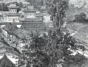 【G472】1864年木刻版画《北京大光明殿的“太极宫”和永佑庙》（Pagode imperiale de Kwang-Min-Tien）-- 大光明殿始建于明嘉靖年间，后来在清雍正和乾隆年间经过重建和修缮，成为皇家专用的道观，毁于八国联军侵华战争，永佑庙建于清朝雍正九年，是北京皇城的城隍庙 -- 后附卡纸30*21厘米，版画17*13厘米