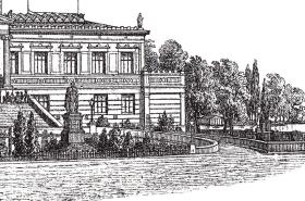1886年木刻版画《古典建筑艺术瑰宝：什未林国立博物馆，德国前波美拉尼亚州》（Ansicht des Schweriner Museums）-- 什未林国立博物馆位于著名的什未林湖畔，是一座非常漂亮的希腊宫殿式建筑； 什未林国立博物馆是什未林城堡（始建于公元973年）的组成部分 -- 后附卡纸30*21厘米，版画纸张22.5*10厘米