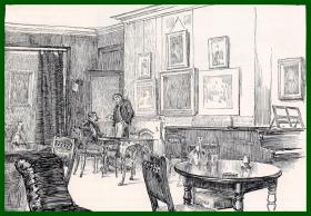 19世纪木刻版画《英国曼彻斯特艺术俱乐部》（A Picture Show in the Arts Club，Manchester）-- 冈扎诺（Genzano）是位于意大利罗马郊外的水乡田园小镇 -- 后附卡纸30*21厘米，版画纸张19*15厘米