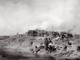 1895年照相凹版版画《俄土战争中的哥萨克营地》（Russisches Bivouak）-- 出自奥地利画家，August Xaver Carl von Pettenkofen（1822–1889）的绘画作品 -- 奥地利维也纳艺术画廊出版 -- 版画21.5*17.5厘米，手工裱粘，纸张尺寸34*25厘米